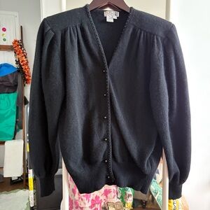 Vintage lambswool/angora Black Women's cardigan with shoulder pads